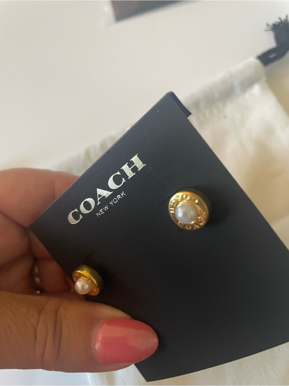 COACH Gold-Tone Pearl Center Stud Earrings - Picture 4 of 5